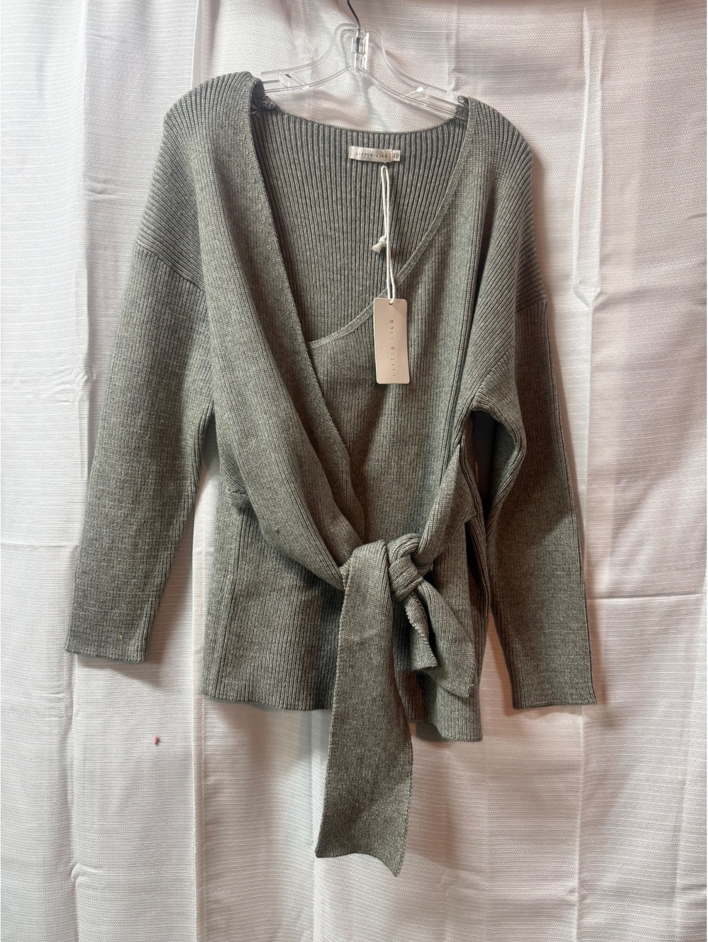 Little Lies Gray Ribbed Knit Wrap Sweater with Tie Detail Size S/M